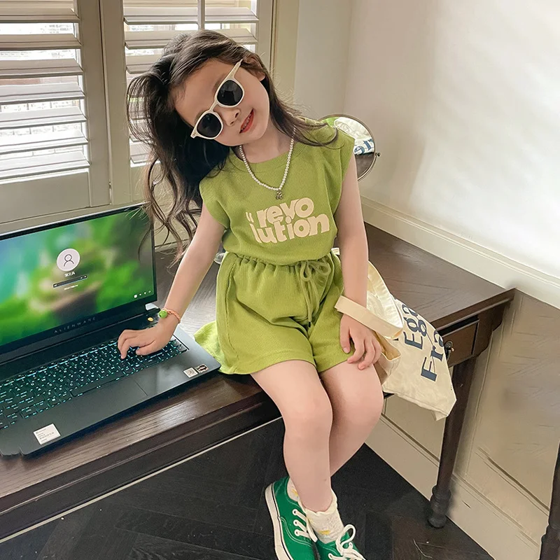 

Summer Girls 2 Pcs Set Baby T Shirt + Shorts Toddler Set Kids Suit Children Suit Fashion Rib Knit Letter Print Sleeveless 1-8Y