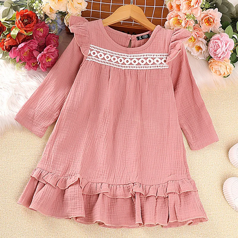 

Платье для девочек, детское платье с оборками и длинным рукавом, весна-осень 2022, Детская трапециевидная одежда принцессы, детский хлопковый ...