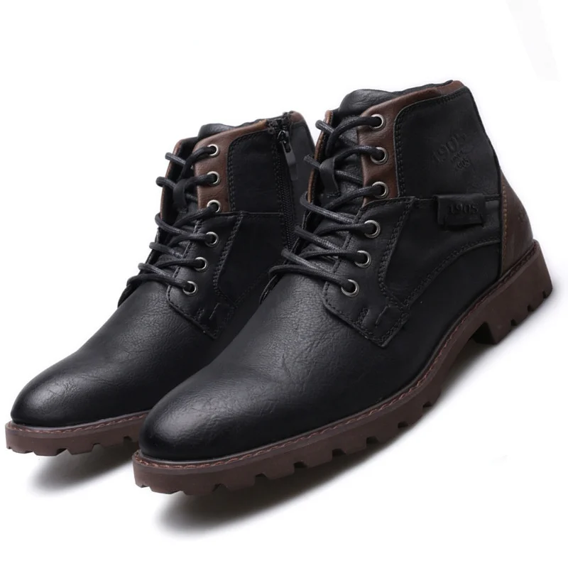 

Leather Men Ankle Boots Plus Size High Top Shoes Outdoor Work Casual Shoes Motorcycle Military Combat Boots Fashion Autumn Brown