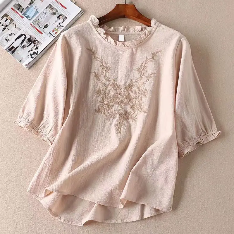 

Retro Cotton and Linen Solid Color Embroidery Round Neck Five-point Sleeve T-shirt 2022 Summer New Loose All-match Shirt Women