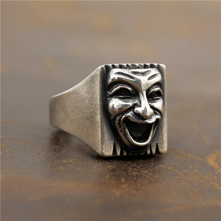 100% S925 Sterling Silver Thai silver handmade Hip Hop Gold Face crying and smiling ring new style