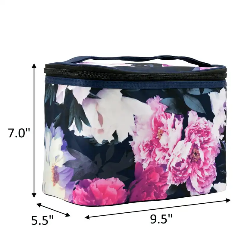 Deluxe Midnight Blue PVC 14-Piece Travel Tote Set with Pink Floral Train Case, Silver Hardware, Accessory Pouches, Shower & Bath