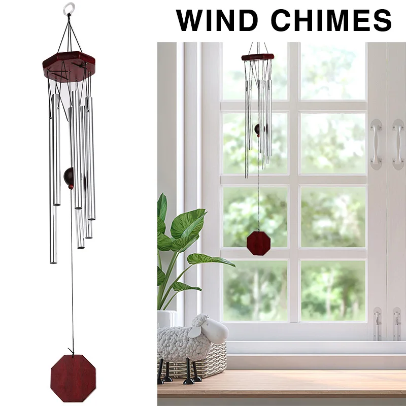 

New Metal Wind Chimes Outdoor Large Deep Tone Hanging Wind Chimes 6 Sliver Aluminum Tubes Musical Tones Home Decoration