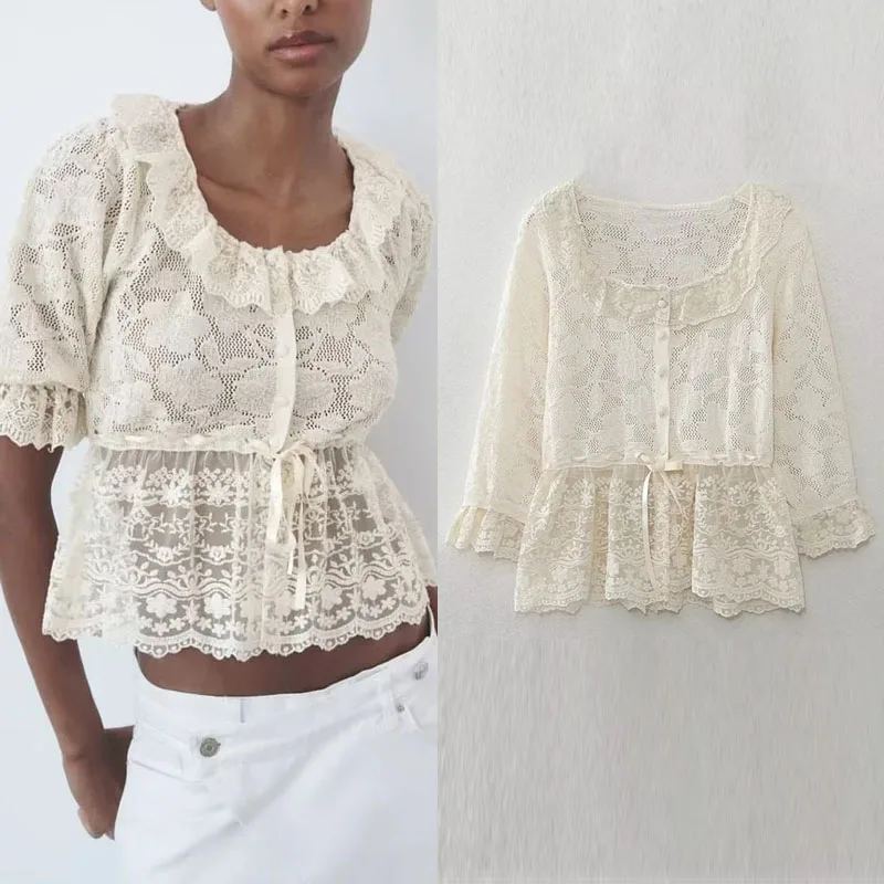 

TRAF 2023 Lace Knit Top For Woman Ruffled Round Neck Short Sleeves Shirts Tie Detail At Waist Front Button Up Blouse Summer Sexy