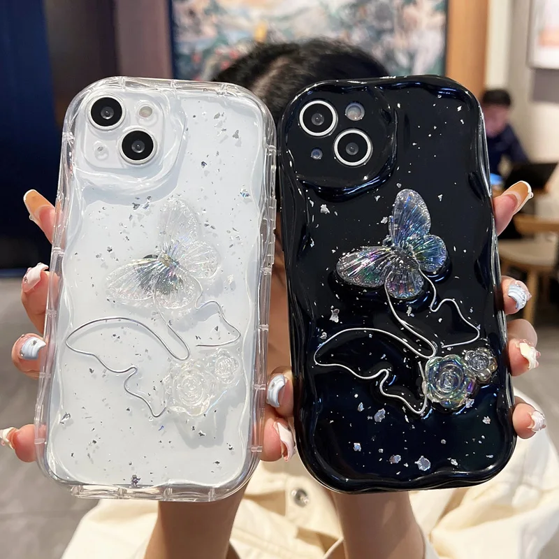 

Shiny Glitter Butterfly Flower Silicone Clear Case For iPhone 14 11 12 13 PRO XS X XR MAX Soft Cream Curve Shockproof Cover