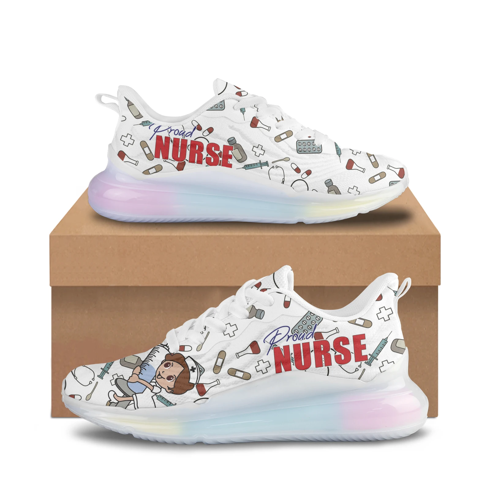 

New Fashion Nurse Print Lightweight Air Cushion Shoes Mesh Cushion Brand Running Sneakers Ainbow Gradient Color Thick Sneakers