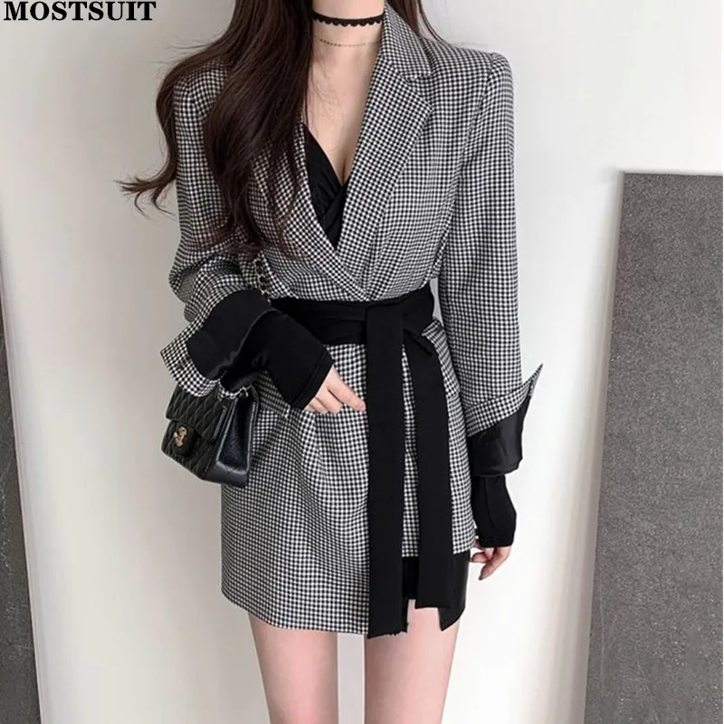 

Chic Plaid Workwear Women Suit Jacket Spring Autumn Full Sleeve Notched Collar Sashes Belted Coat Blazer Korean Stylish Blazers