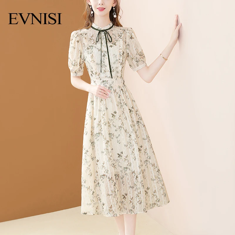 

EVNISI French Printing Chiffon Dresses Elegant Office Lady Bow Puff Sleeve Dress Casual Floral Vestidos For Women Summer 2022