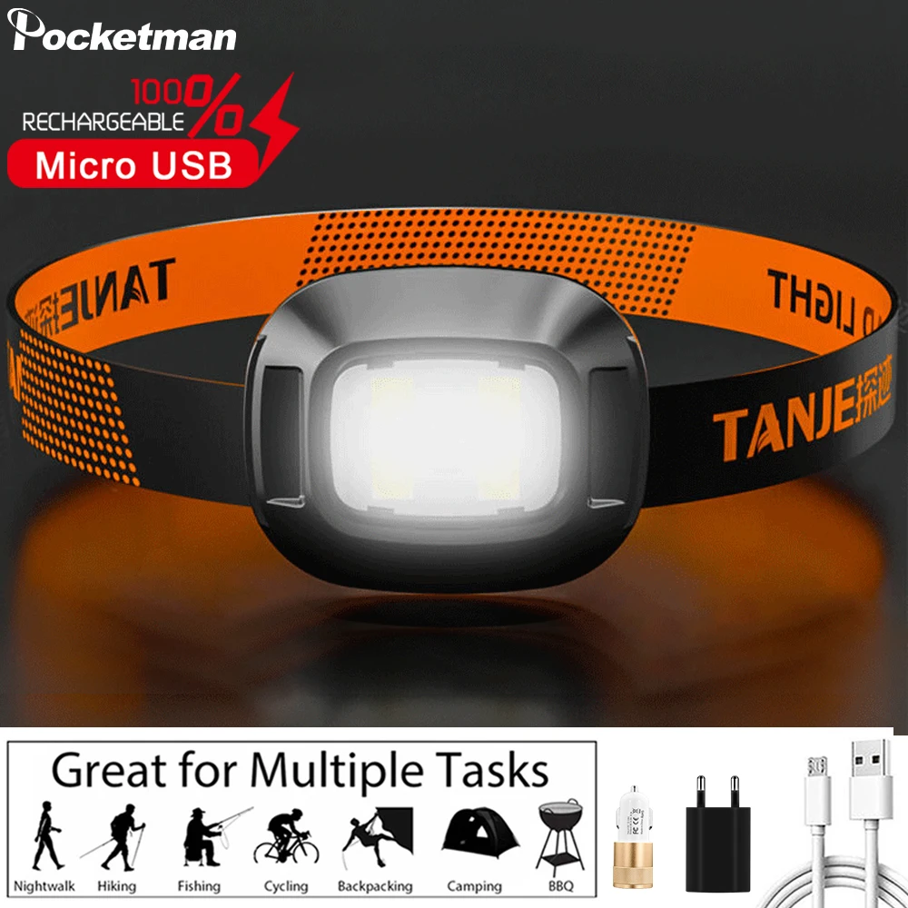 

Портативный светодиодный налобный фонарь, водонепроницаемая головная лампа с 3 режимами работы, с зарядкой от USB, удобная эластичная повязк...