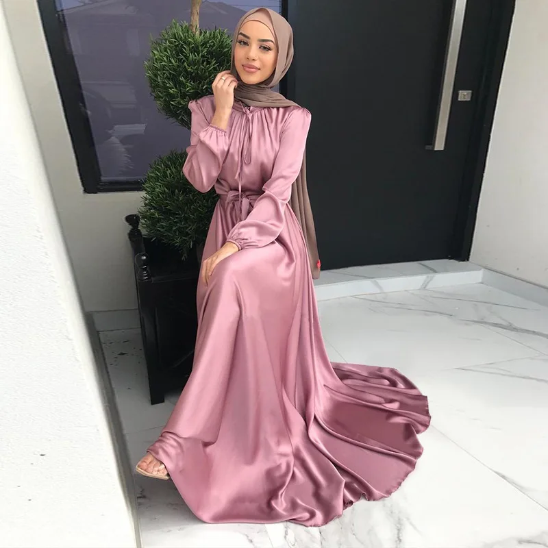 

Muslim Long Dress Abaya for Women Satin Elegant Long Sleeve Belted Hijab Robe Islam Dubai Turkish Modest Abayas African Dress