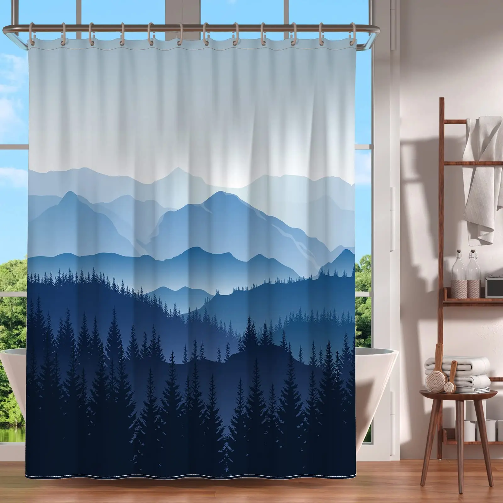 

Curtain Shower Curtain Misty Mountain Forest Bird Foggy Pine Tree Cloudy Rustic Nature Scenery Landscape Fabric Bath Decor
