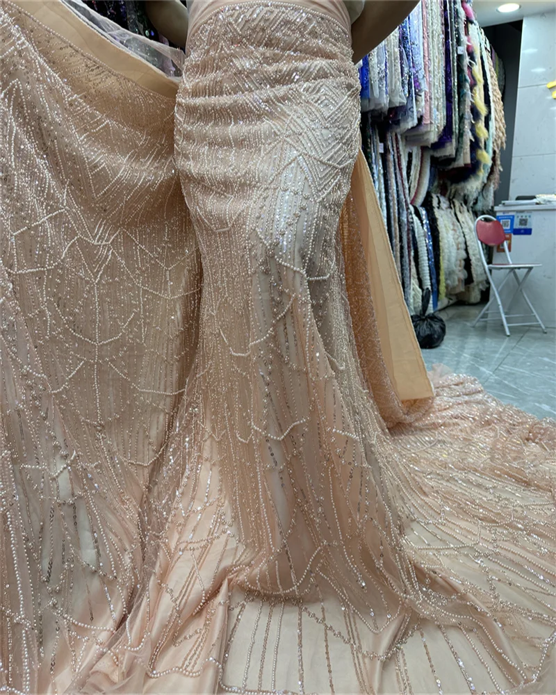 

African Heavy Beads Groom Lace Fabric 2023 High Quality Material Nigerian French Sequins Lace Fabric For Wedding Sewing