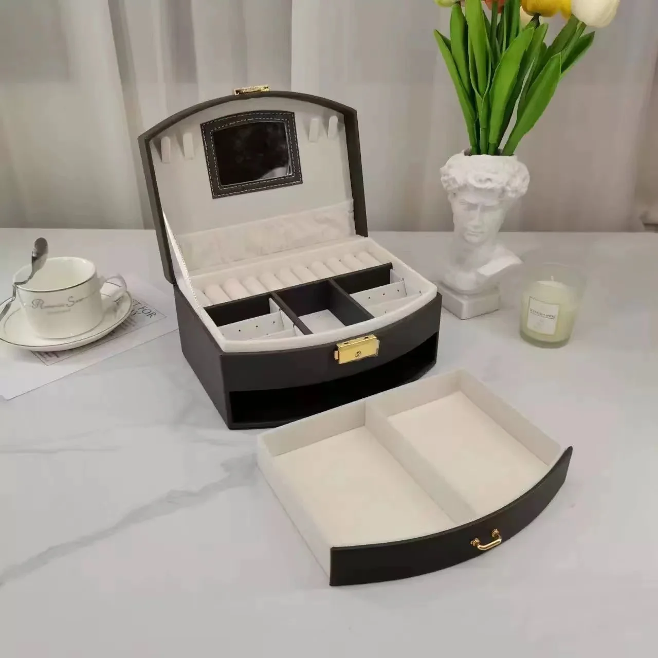 New Portable Jewelry Storage Large-Capacity Drawers Carry Mirror Jewelry Bracelet Cosmetic Box Wholesale Spot Waterproof Watches
