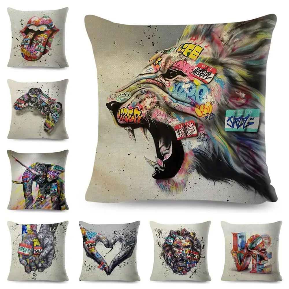 

Graffiti Gamepad Cushion Cover Decor Abstract Street Animal cojines decorativos para sofá Pillow Case 45x45cm hogar כיסוי לכרית