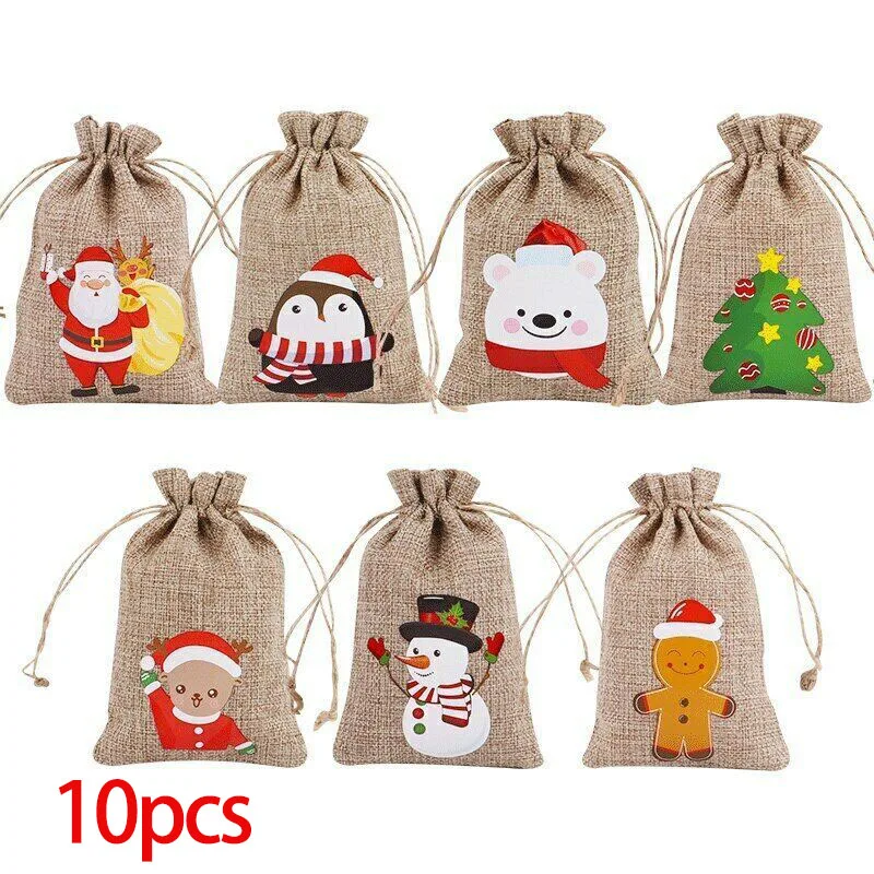 

Christmas Linen Burlap Bag Santa Claus Snowman Elk Drawstring Gift Bags Small Candy Storage Bags Xmas New Year Packing Supplies