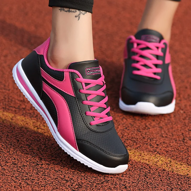 

2022 Women Sport Shoes Fashion Leather Casual Sneakers Autumn Women Lightweight Running Shoes Lace-up Flats Tenis Free Shipping