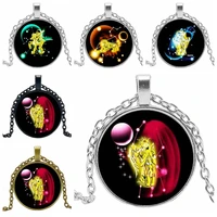 2019 hot creative twelve constellation time crystal glass convex round pendant necklace clothing sweater chain jewelry