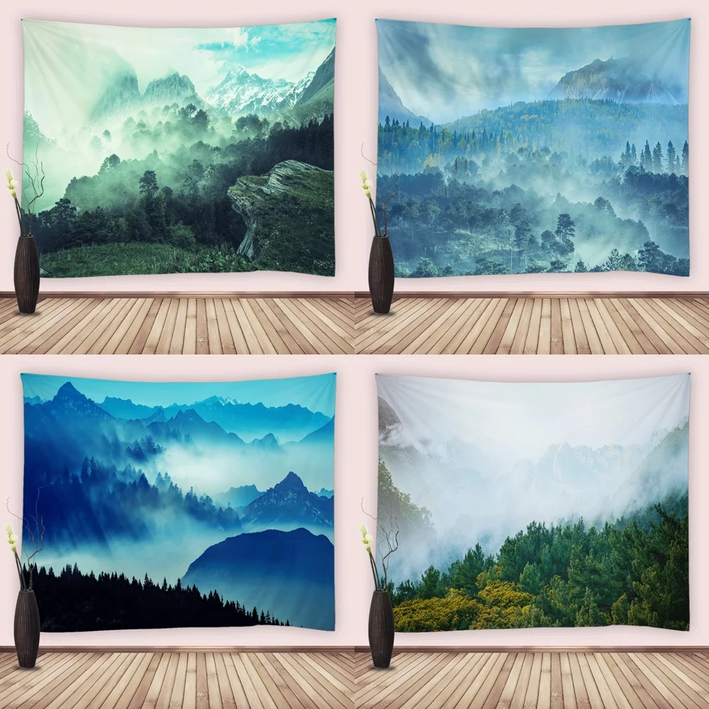 

Misty Forest Tapestry Wall Hanging Foggy Mountain Magical Woodland Trees Natural Fabric Tapestries for Living Room Decor Blanket