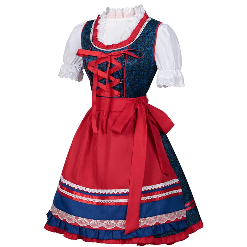 

Women's German Beer Dirndl Dress Apron Set Costumes Bavarian Oktoberfest Babe Bar Maid Carnival Red Blue Plaid Dress