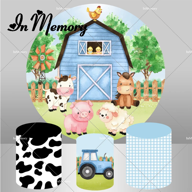 

Синий сарай, животные, ферма, искусственная кожа, Круглый фон для мальчиков, день рождения, вечеринка, задний фон, Эластичные крышки