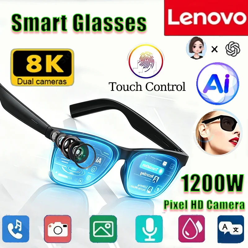 Фото Умные солнцезащитные очки Lenovo AI 8K с камерой, многофункциональные, с Bluetooth-вызовами, музыкальным плеером, голосовым помощником, функцией перевода и фотохромными линзами №1