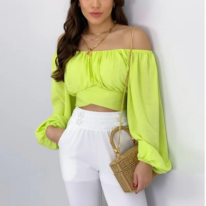 

New Summer Fashion Shirt Women's Slash Neck Pullover Bubble Sleeve Blouse Tops Long Sleeve Crop Tops Backless Lace-up Chemises