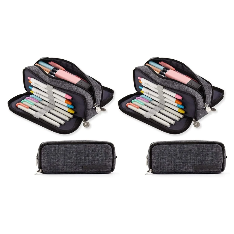 

2X ANGOO Large Pencil Case Big Capacity 3 Compartments Canvas Pencil Pouch for Boys Girls School Students ,B