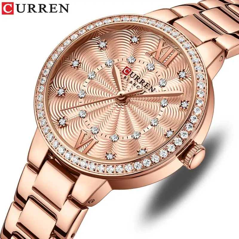 

Curren Luxury Quartz Wristwatches for Women Rhinestones Rose Dial Fashion Watches with Stainless Steel Band New