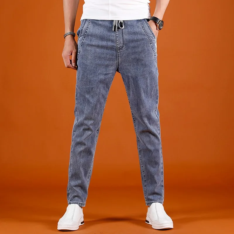 Summer Elastic Waist Jeans Men Streetwear Casual Light Blue Slim Fit Denim Pants