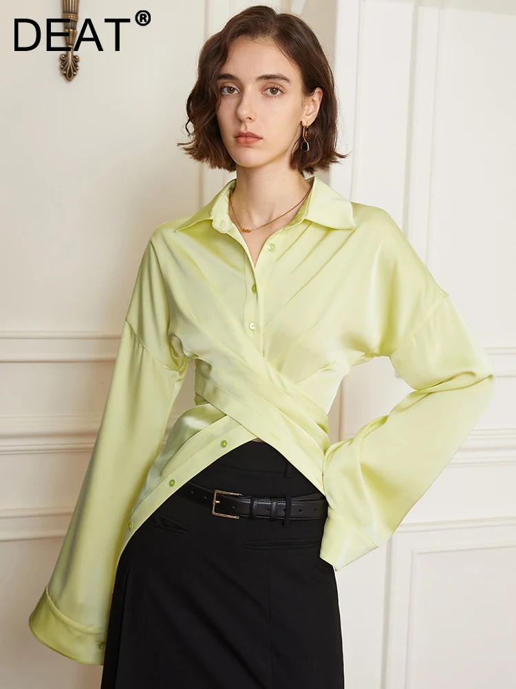 DEAT Fashion Women's Shirt Lapel Slim Single Braested Flare Sleeve Split Folds Asymmetry Yellow Blouse Autumn 2023 New 17A4906