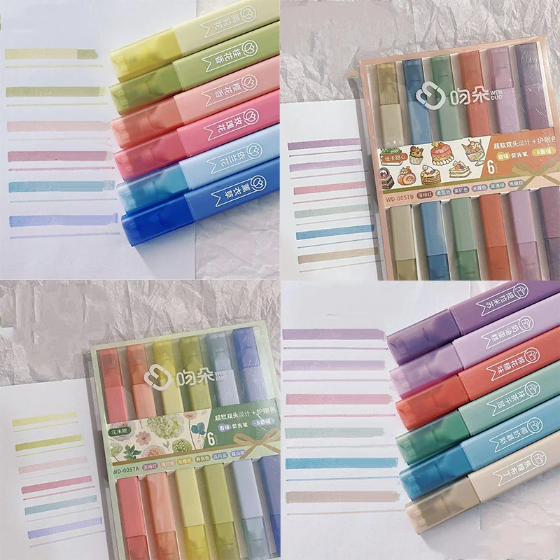 

6Pcs Double-Ended Highlighter New Fragrance High Appearance Value Color Marking Student Handbook Minimalist Smooth Ink Output