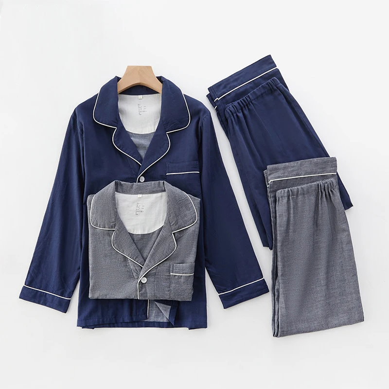 2022 New Spring Summer 100% Cotton Gauze Pajamas Set Men Unisex Homewear High Quality Full Sleeve Night Sleep Pants Sets