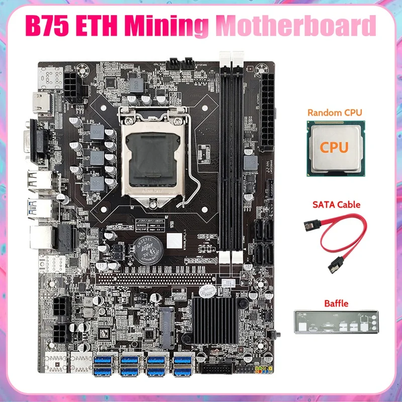 

B75 8USB ETH Mining Motherboard 8XUSB+CPU+Baffle+SATA Cable LGA1155 DDR3 MSATA B75 USB BTC Miner Motherboard