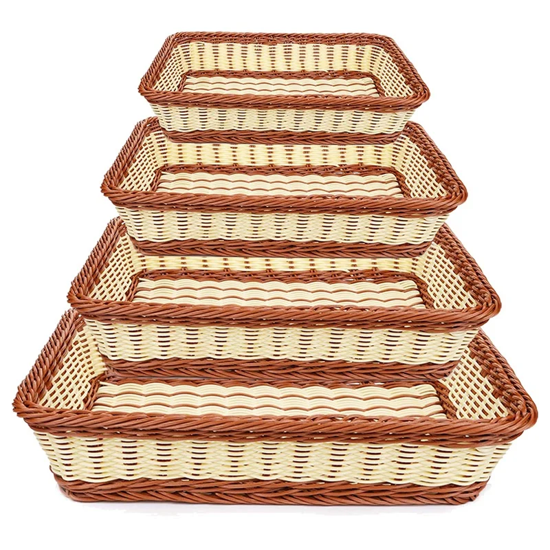 

4 Pack Imitation Rattan Woven Breads Basket, Stackable Fruit Baskets For Food Serving,Display,Home Kitchen,Restaurant