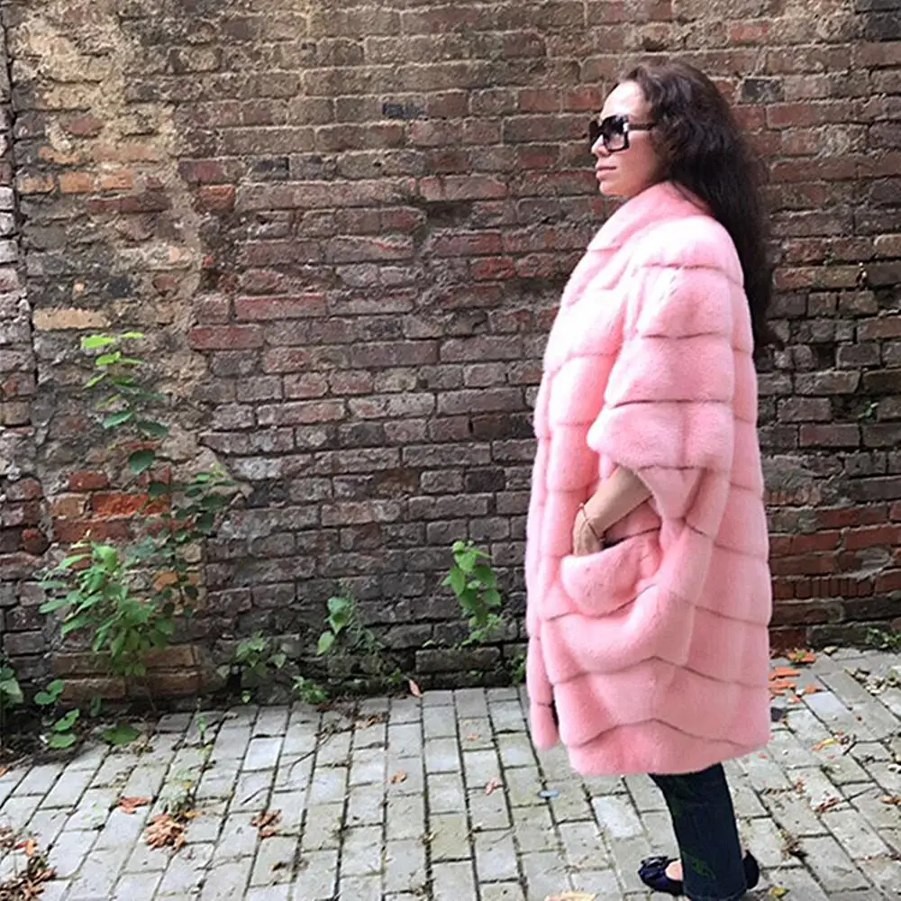 Winter Real Fur Coat Women Plus Size Pink Overcoat With Lapel Collar Genuine Leather Jacket Mink Fur Coat Lady Top-grade Outwear