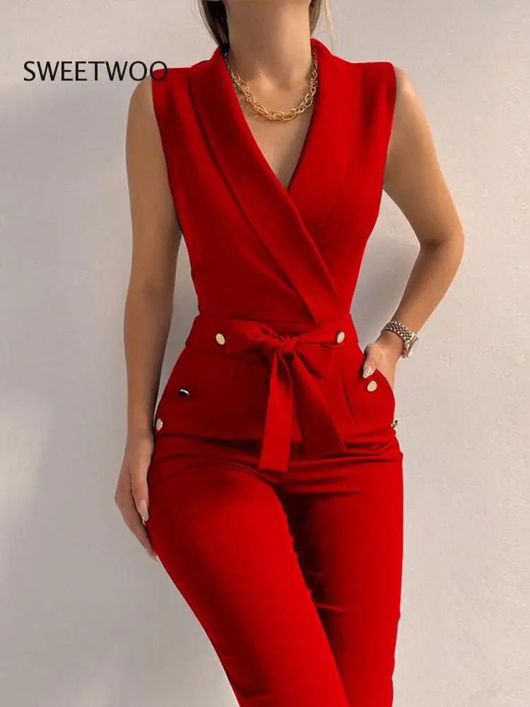 New Solid Casual Women Summer Jumpsuits V-Neck Lace-Up Sleeveless Wide Leg Pants Button Ladies Bodysuits Streetwear Dropshipping