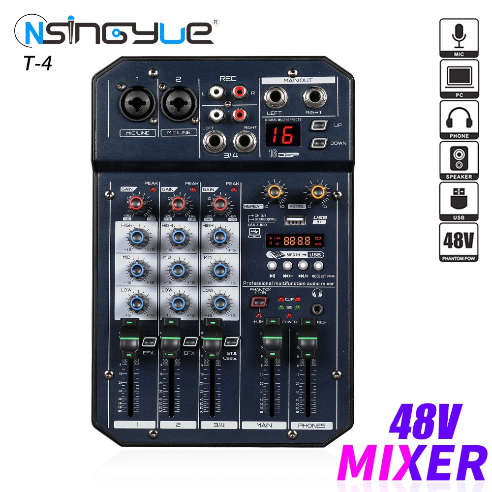 

Audio Mixer 4 Channel Dj Mixing Console Sound Card With Monitor 16 Echo DSP 48V Phantom Power For PC Record Karaoke Party