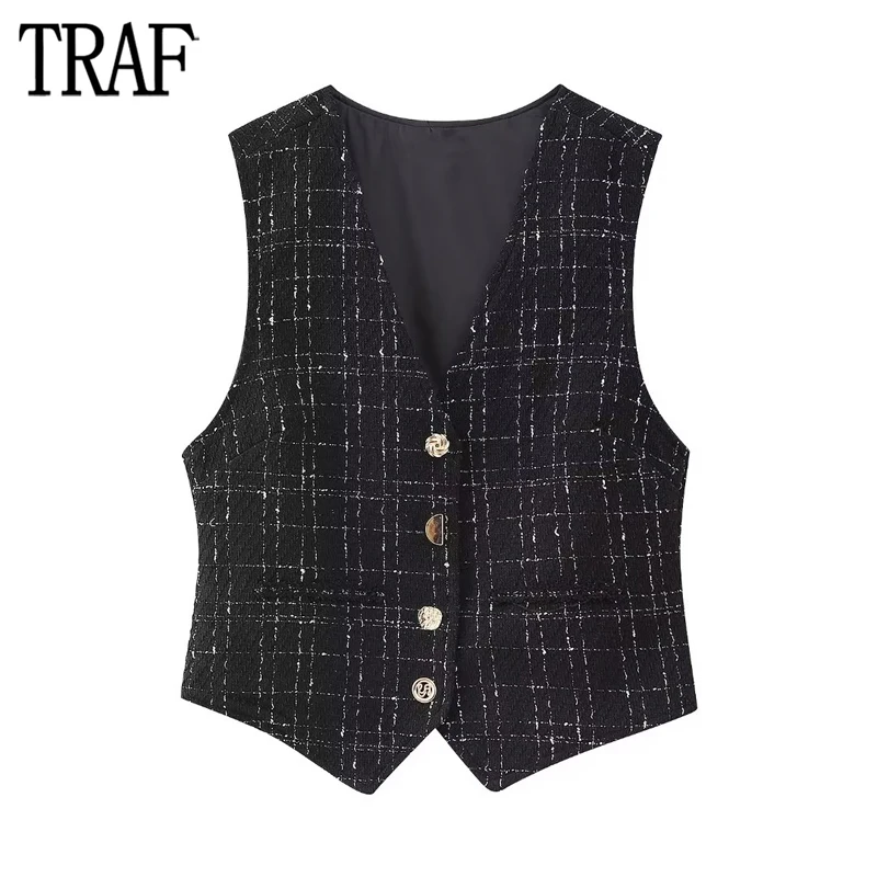 

TRAF Tweed Sleeveless Vest Woman Jacquard Cropped Jacket Women Plaid Golden Button Vests for Women 2023 Texture Autumn Outerwear