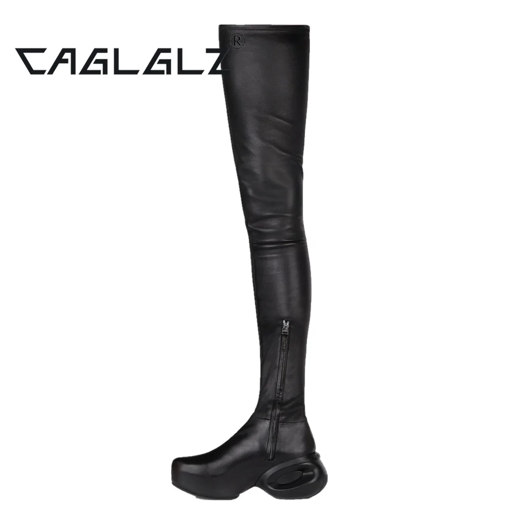 2023CAGLGLZ Lacquer leather knee boots, elastic fashion banquet, sexy runway show, thick soled thigh boots for women