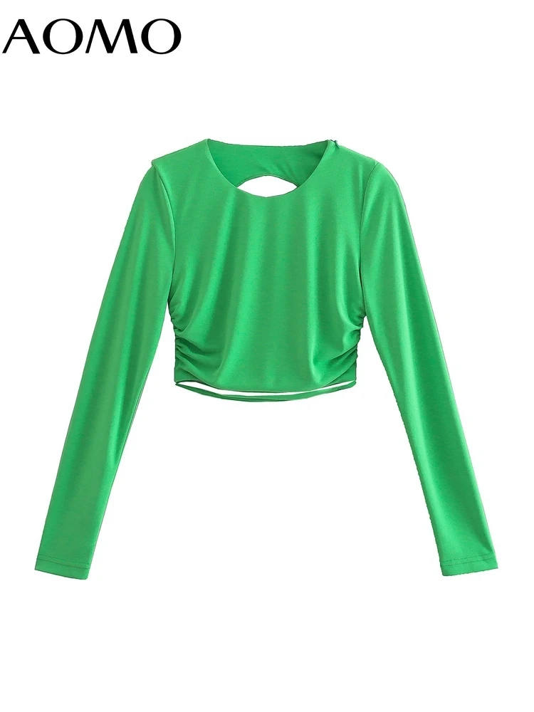 

AOMO Women Retro Green Backless Crop Shirt 2022 Chic Female Shirt Tops AB78A