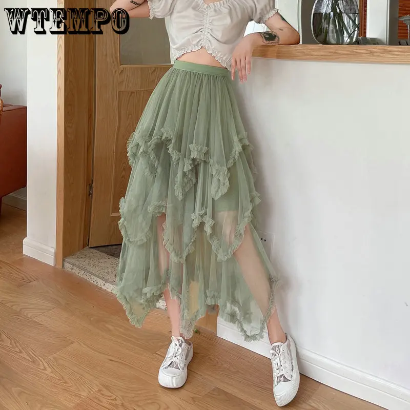 

WTEMPO Stringy Selvedge Irregular Mesh Cake Skirts Women Summer Elastic High Waist Mid-length Large Swing Tutu Skirts Wholesale