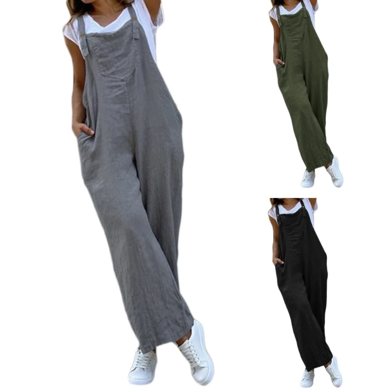 

Womens Loose Casual Sleeveless Adjustable Buttoned StrapS Jumpsuits Summer Straight Long Pants Rompers with Pockets