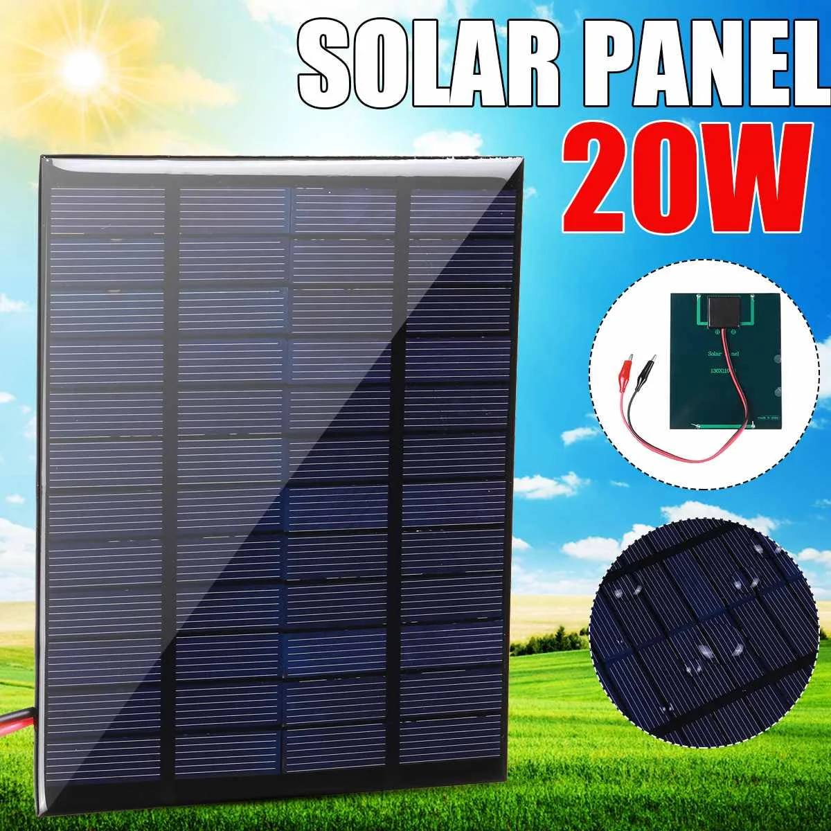 

20W Solar Panel 12V Polycrystalline Silicon Solar Cell DIY Cable Waterproof Outdoor Rechargeable Power System For Outdoor Campin