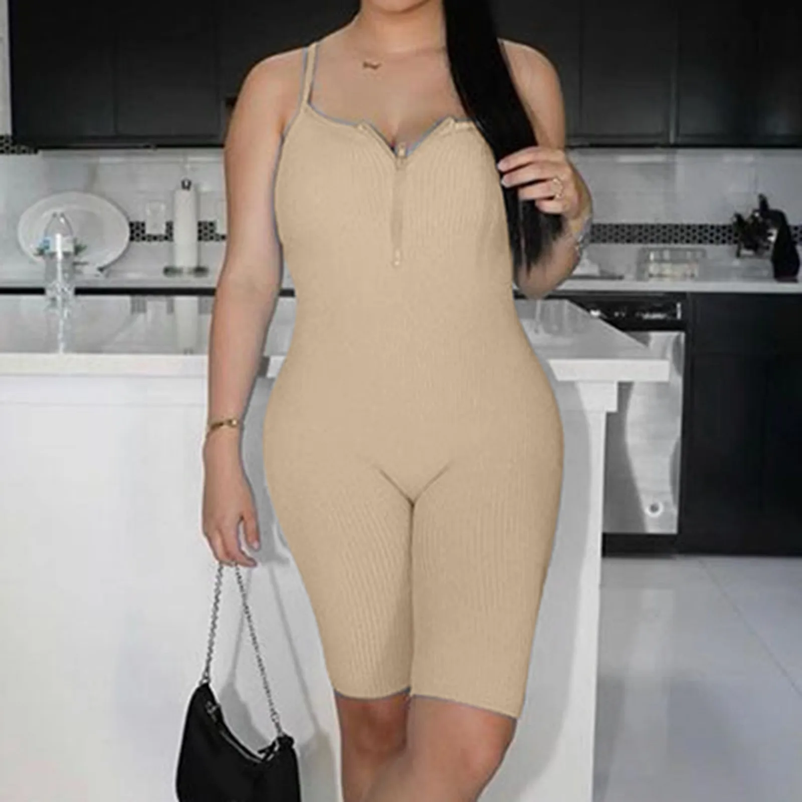 

Solid Sports Short Jumpsuits Sexy Women Spaghetti Strap Skinny Sports Romper Elastic Knitted Front Zipper Casual Jumpsuit