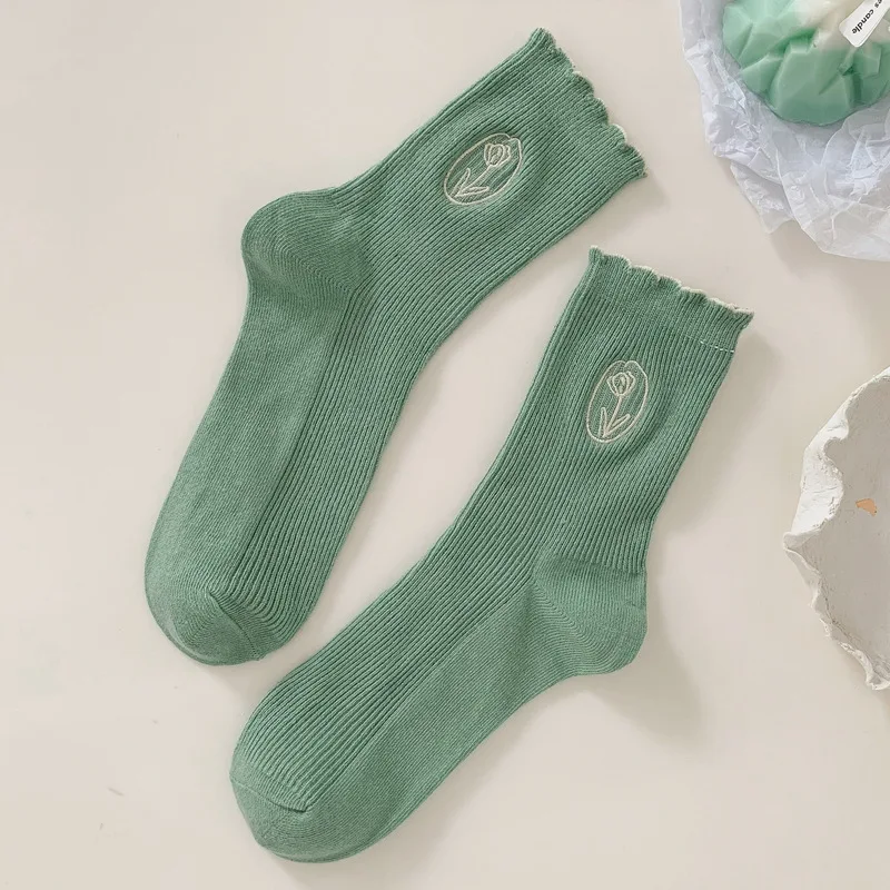 10 Pairs Tulip Flower Embroidery Women Socks New Fashion Frilly Solid Color Cute Kawaii Socks For Girls Harajuku 2023 New