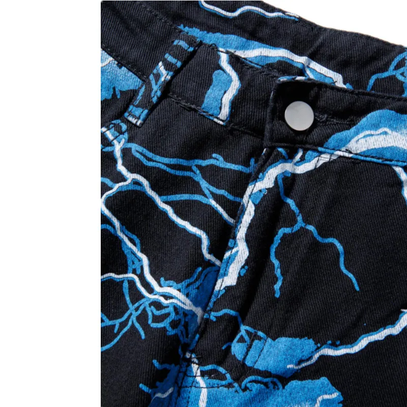 Lightning Print Tie Dye Jeans Men Y2K Streetwear Straight Denim Pants Women Aestethic Hip Hop Trousers Male Black Blue Harajuku