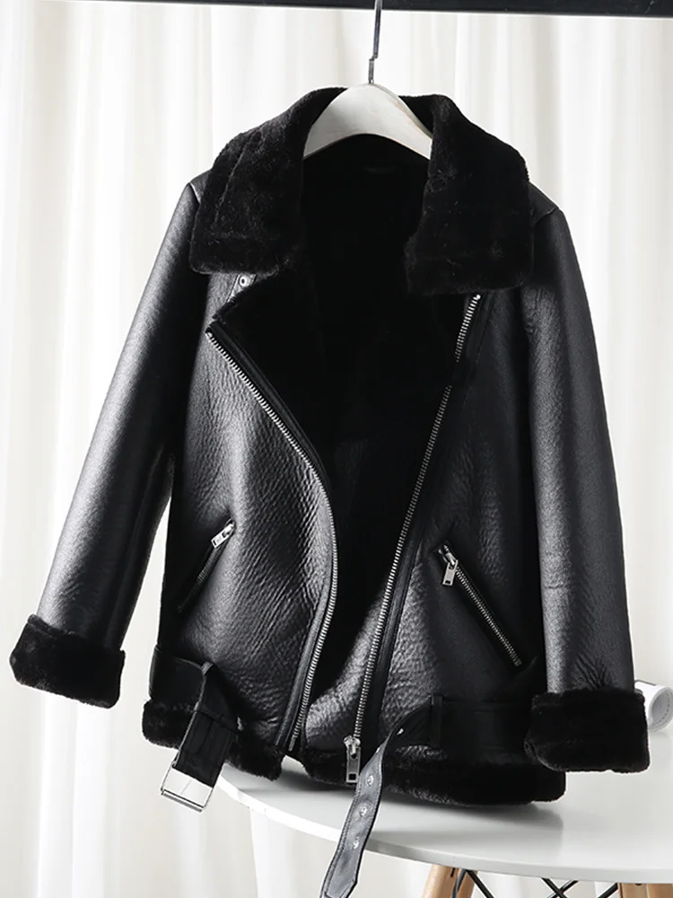 New 2022 Winter Women Sheepskin Coat Streewear Thick Warm Pu Faux Lamb Leather Jacket with Belt Loose Outwear