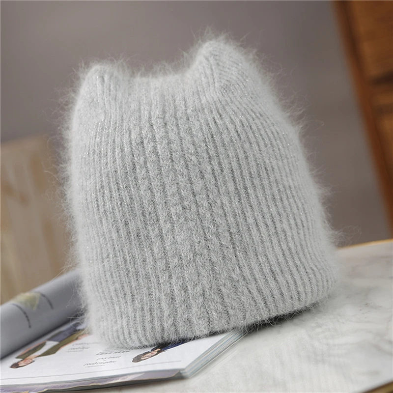

2022 New Women Winter Warm Hats Girl Sweet Rabbit Fur Ear Beanie Hats Quality Solid Color Cap Fashion Knitting Cap For Female