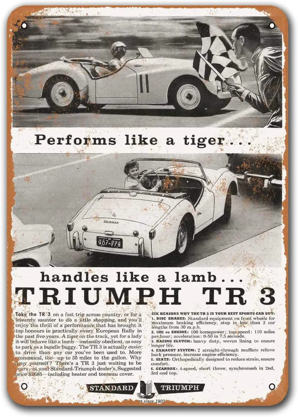 

Game Room Office Wall Decor 1959 Triumph TR 3 Old Car Tin Sign Vintage Metal Bar Poster Bar Garage Home 8x12 inches