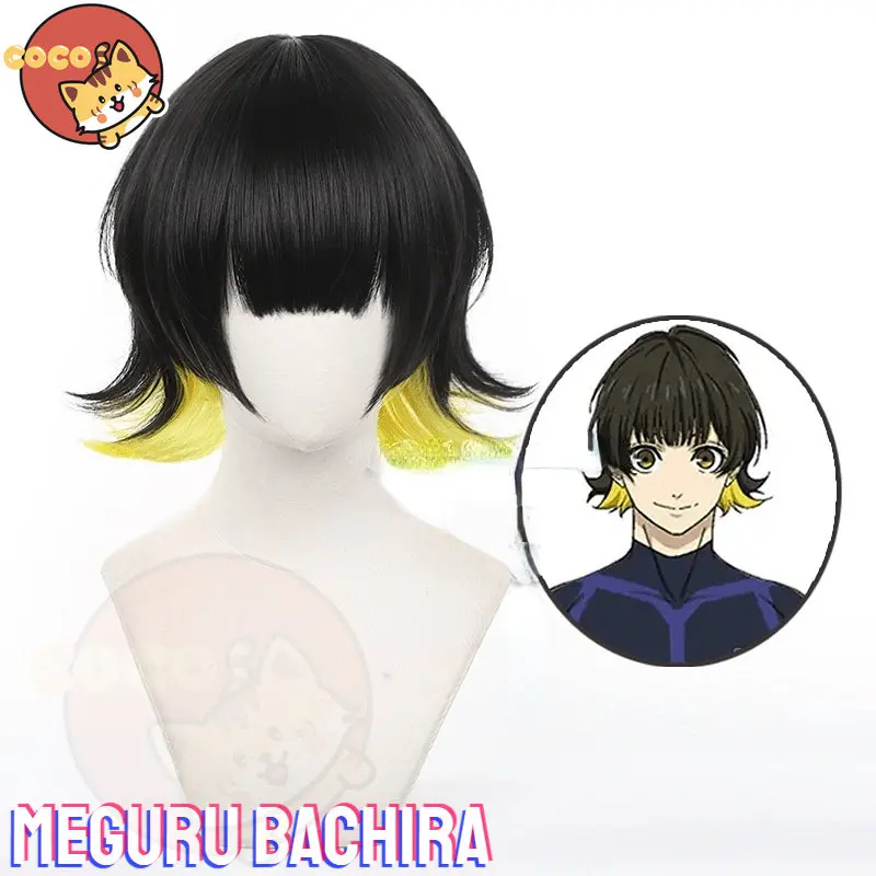 CoCos Anime Blue Lock Meguru Bachira Cosplay Wig Black Yellow Hair Bowl Cut Team Z No.8 Football Player Bob Halloween Wig Men